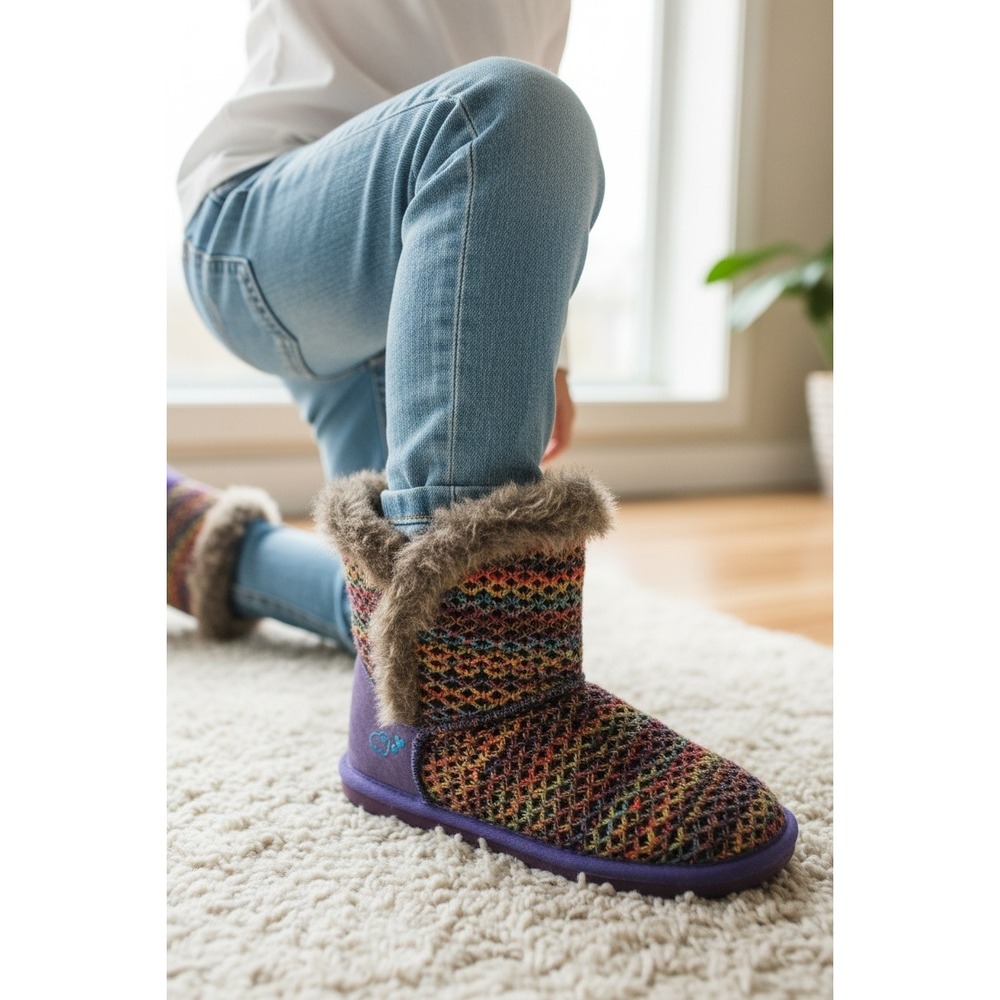 Lamo Kids Rainbow Knit Faux Fur Lined‎ Boots Purple Size 4Y
